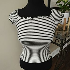 Guess white w black stripes stretchy crop top NWOT